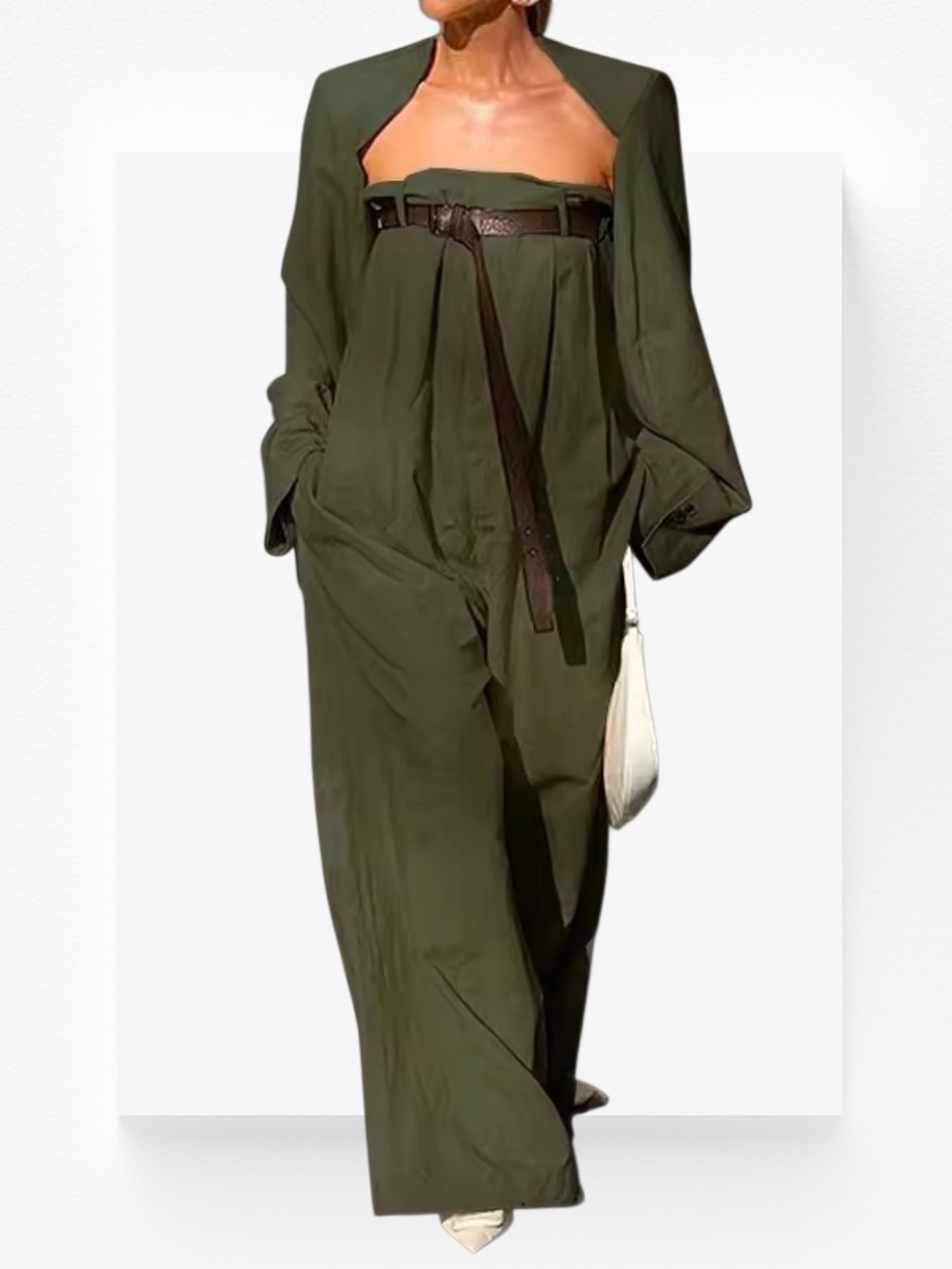 Strapless Wide-Leg Jumpsuit w/ Cinching Accents ▪︎ Curvy ▪︎ Olive ▪︎ XXL - Picture 14 of 15